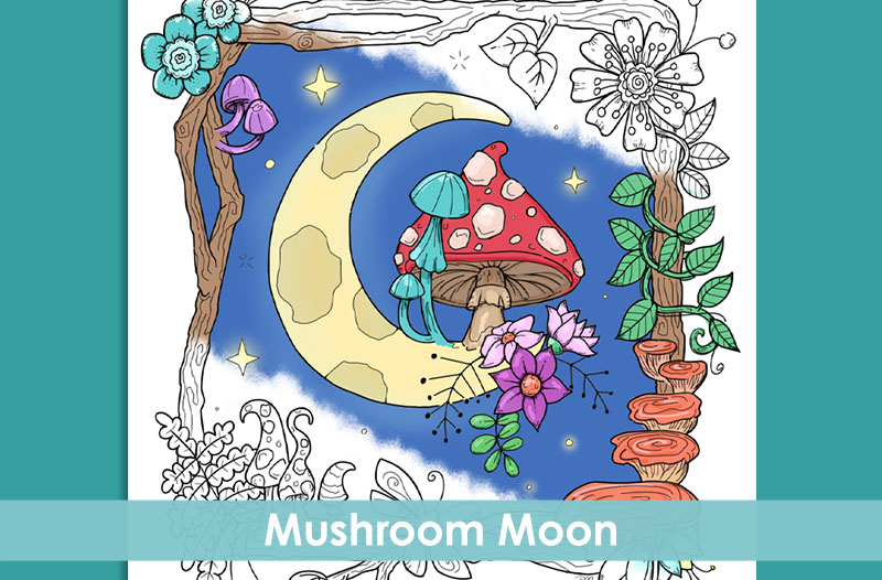 Image of a partially completed coloring page with mushrooms sitting on a crescent moon.