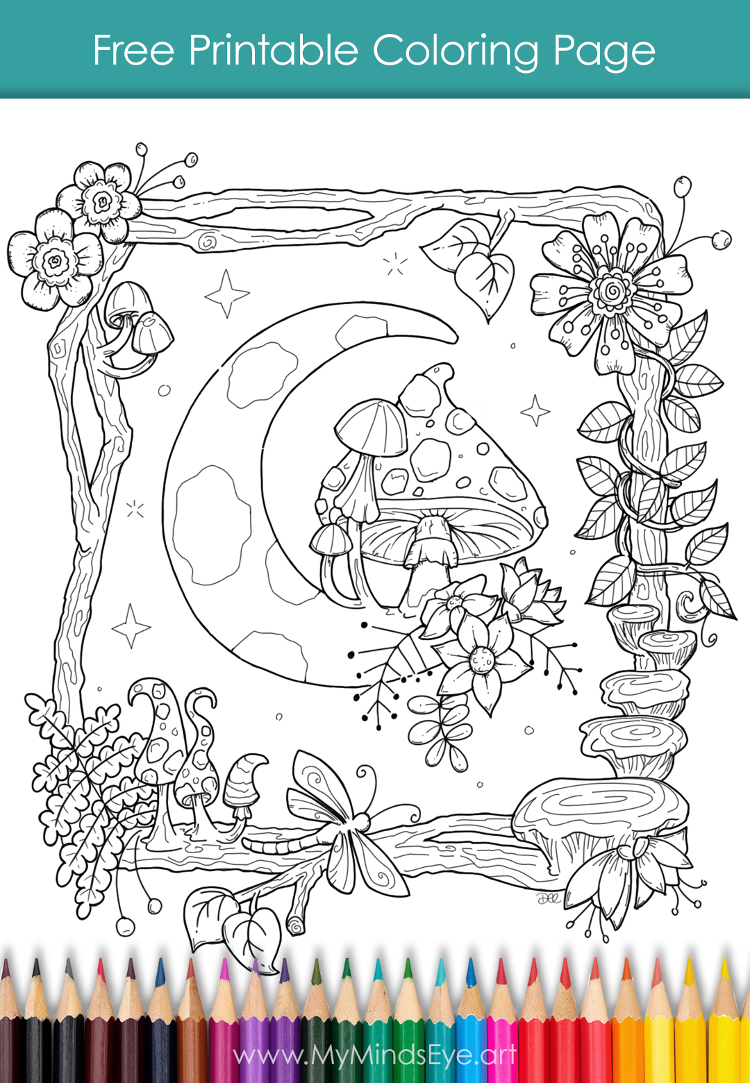 Fantasy coloring page with mushrooms sitting on a moon.