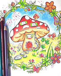 Image of completed mushroom house coloring page