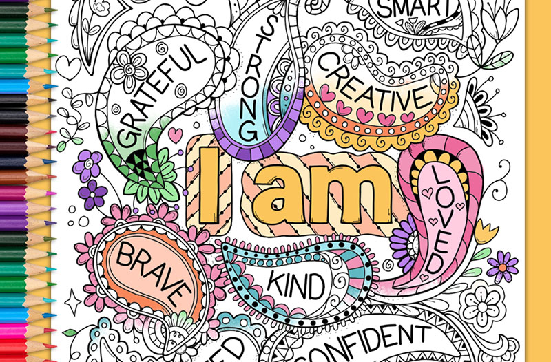 Image of an I am Affirmations coloring page partially completed.