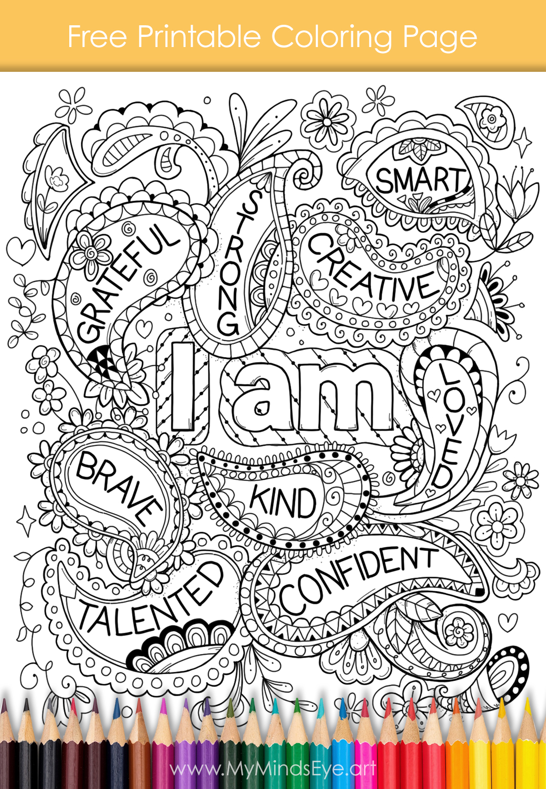 Image of a coloring sheet with paisley doodle designs and I am Affirmations on it.