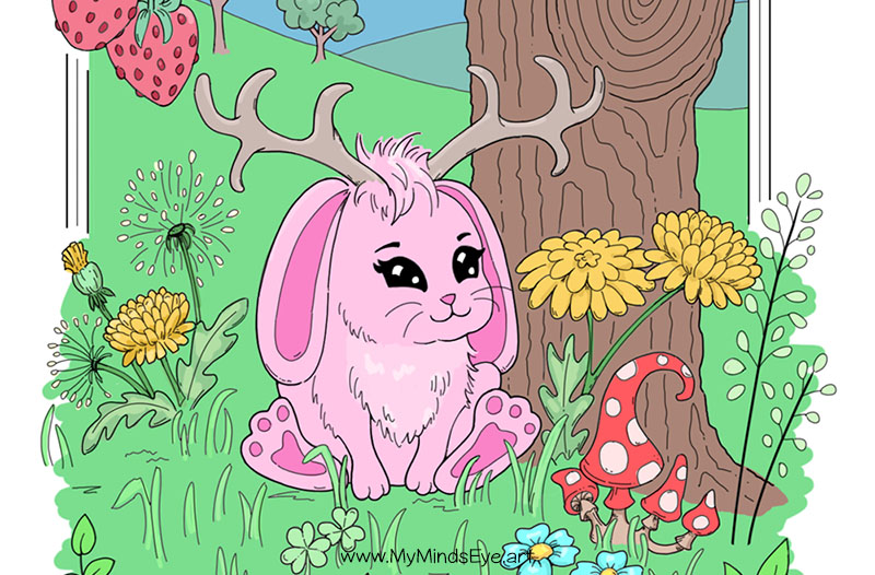 Image of a completed Jackalope bunny rabbit coloring page.
