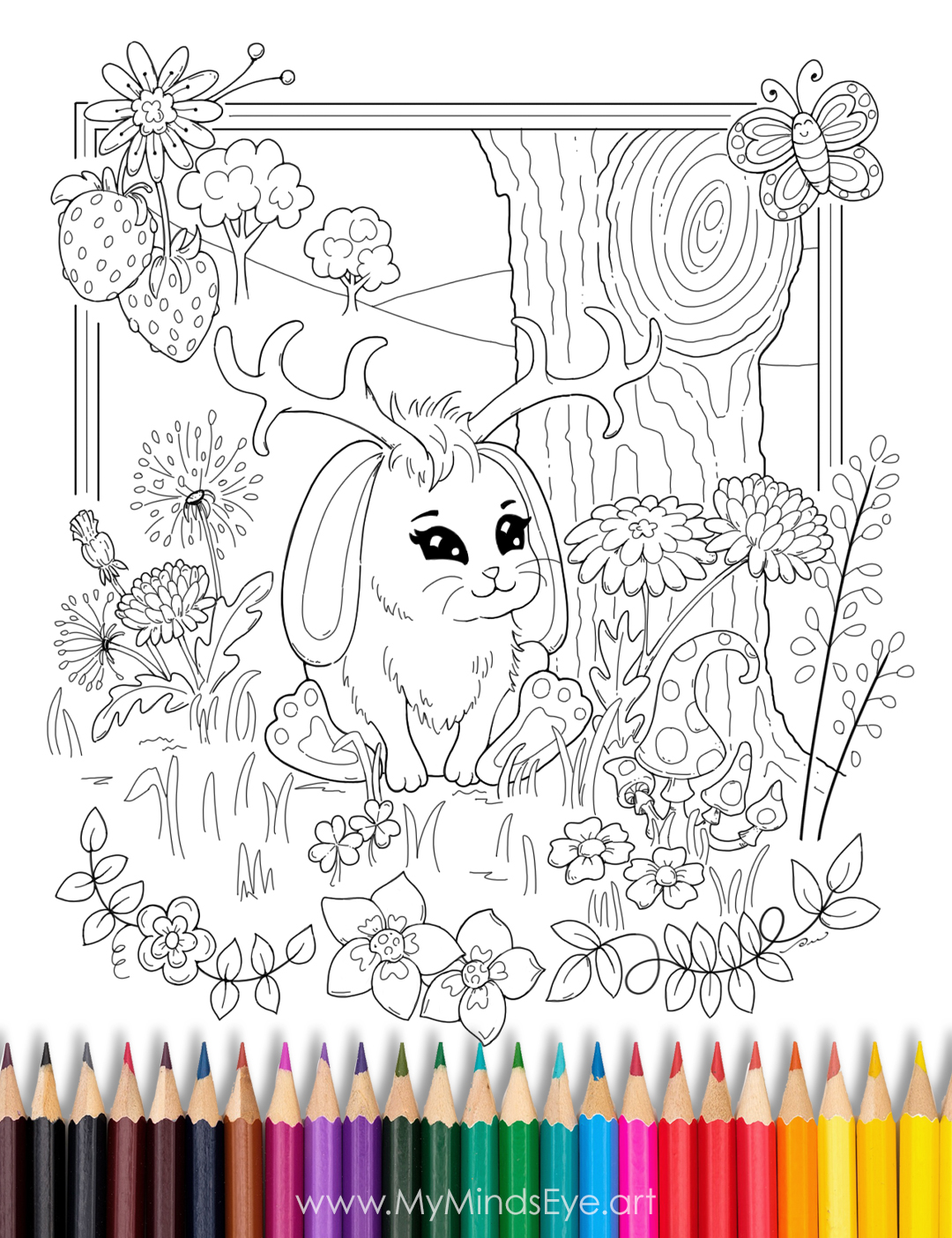Image of an uncolored Jackalope bunny coloring page.