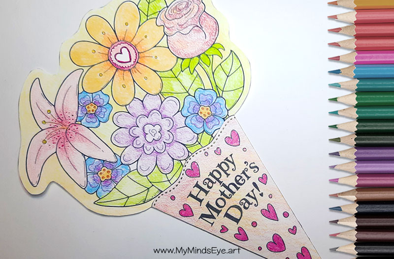 Image of a completed Happy Mother's Day coloring page flower bouquet