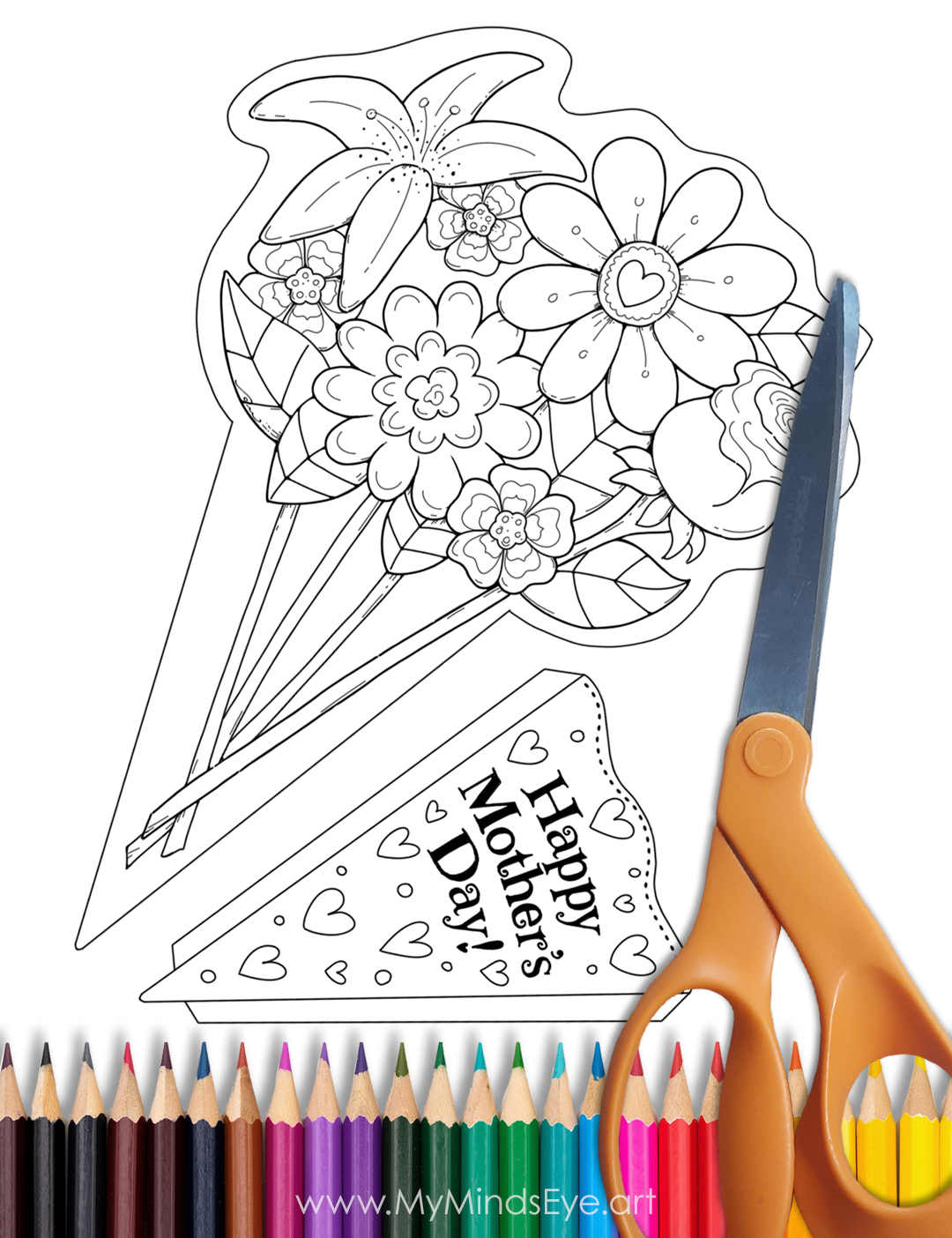 Image of a mother's day flower bouquet coloring page. The image is uncolored.