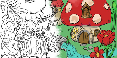 Image of a mushroom village coloring page.