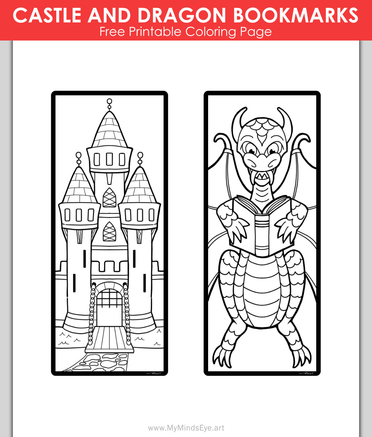 Sample image of 2 coloring page bookmarks with a picture of a castle and a dragon on them.