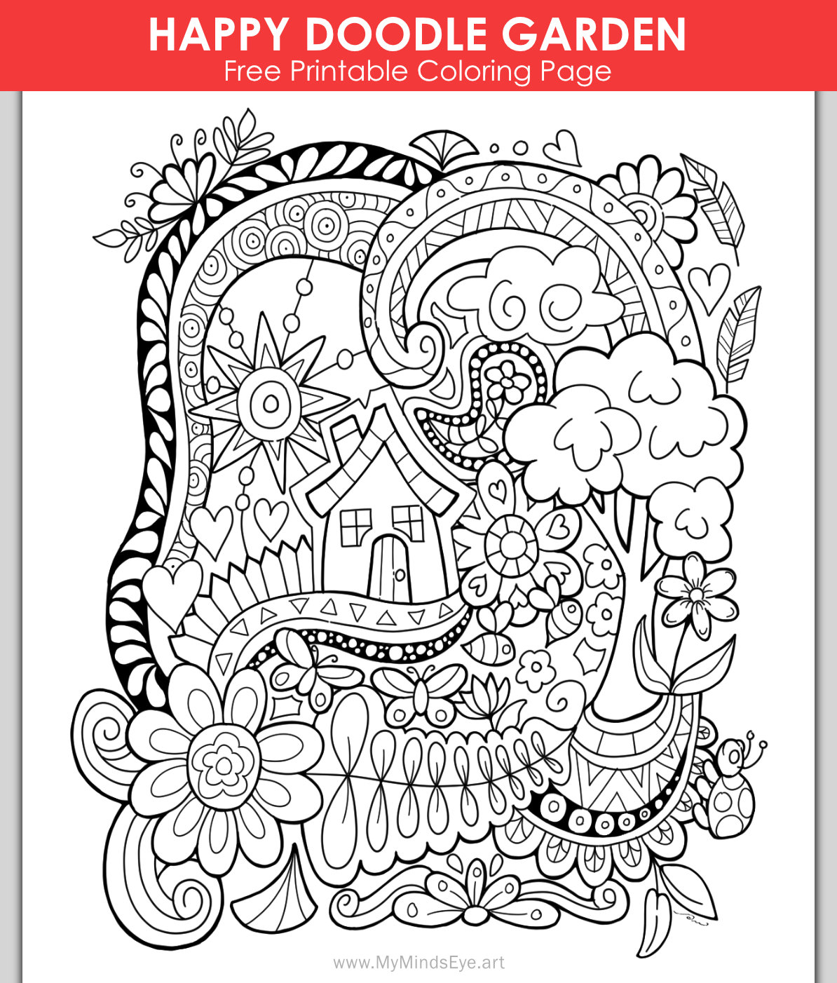 Image of a coloring page with a house and garden with abstract zen doodles.