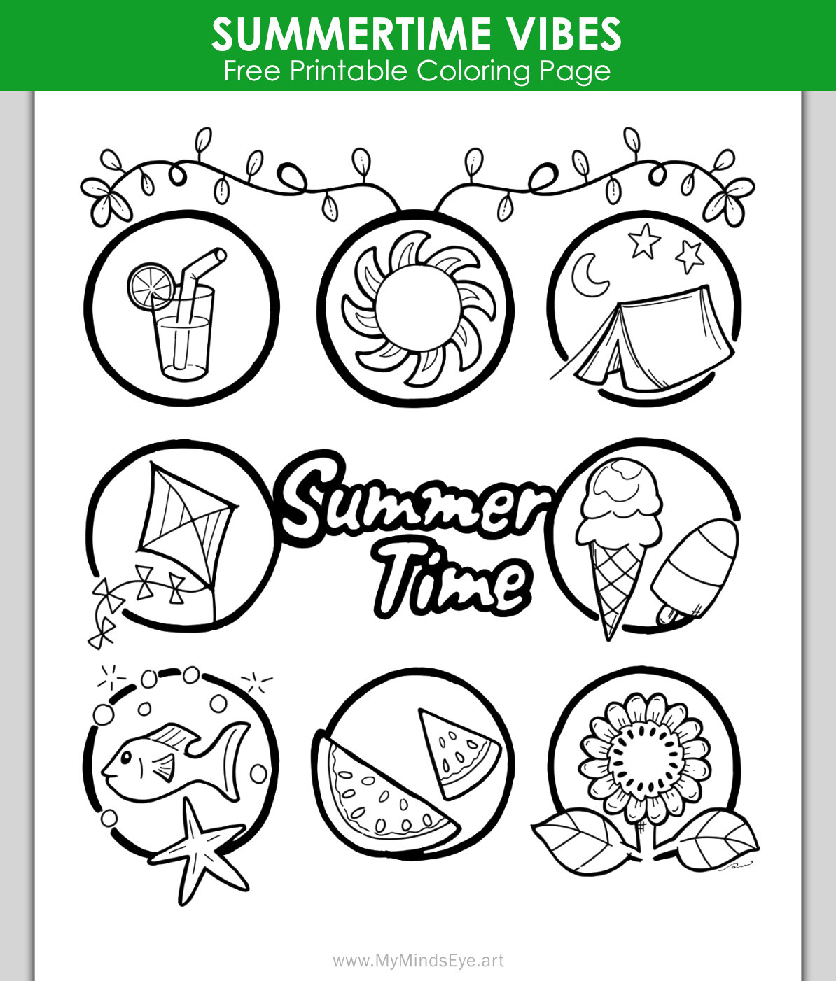 Image of a coloring page with the text Summer Time and pictures of summer themed images like kites, ice cream, and a sunflower.