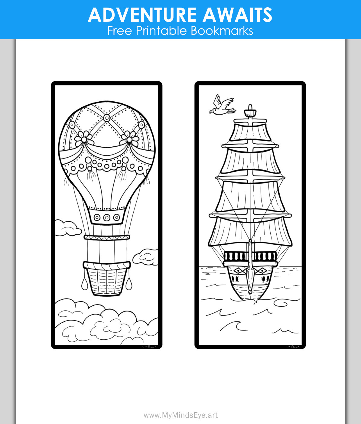 Image of 2 bookmarks that are coloring pages. One has a picture of a hot air balloon and the other is a tall sailing ship.