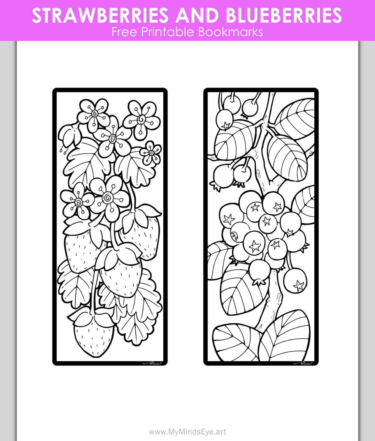 Image of 2 bookmarks. One is an picture of strawberries and the other is a picture of blueberries.