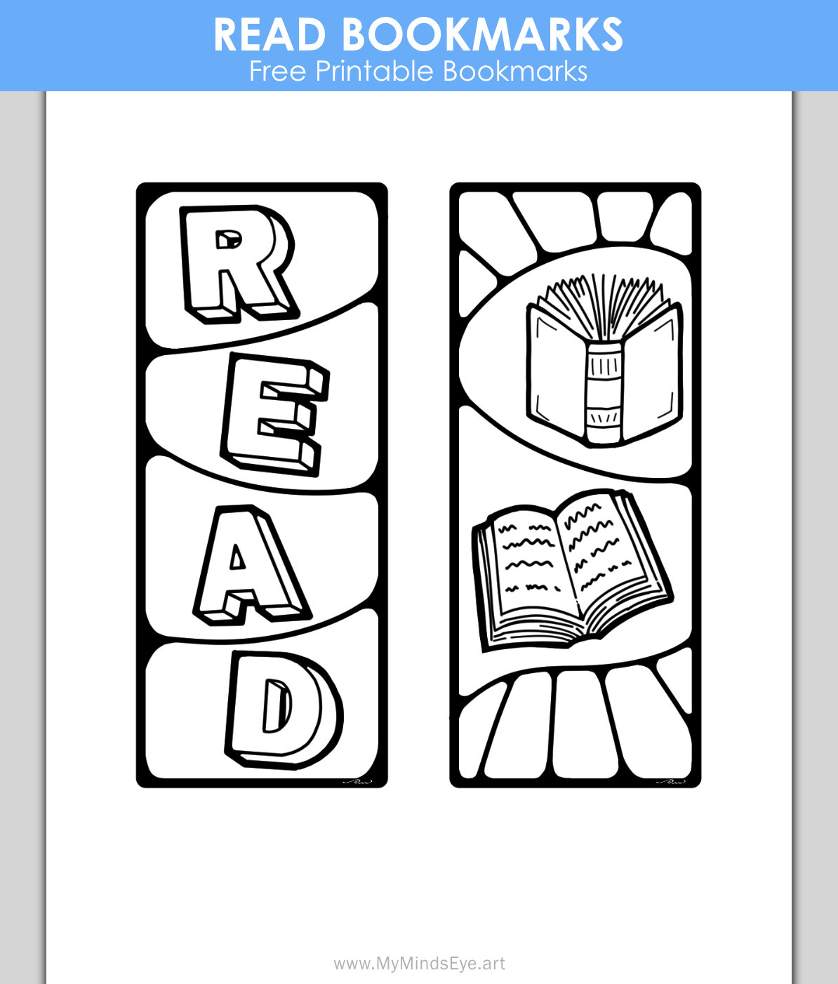 Image of a coloring page with 2 bookmarks. One has the text READ on it and the other has 2 books. 