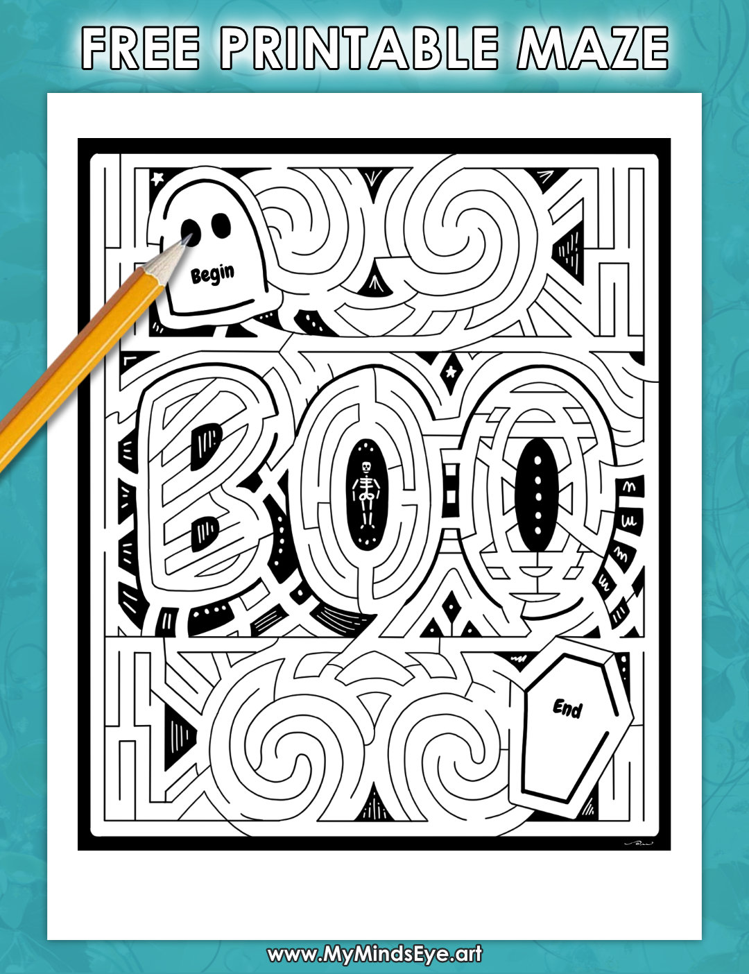 Sample image of printable Halloween maze with the word BOO.